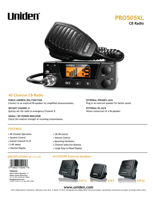 PRO505XL Easy-to-Use 40-Channel CB Radio
